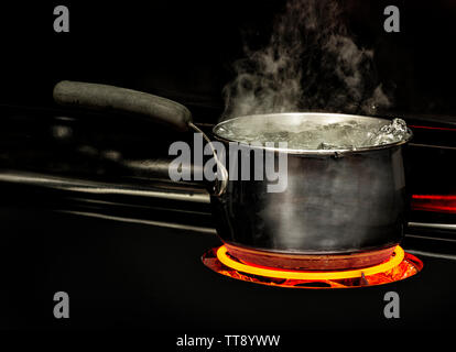 Dark big pot or cauldron, cooking pan with boiling water inside above the  fire somewhere in the park or mountains, camping concept Stock Photo by  ©balinska_lv 507313174