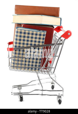 Shopping cart with books isolated on white Stock Photo