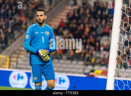 Brussels, Belgium - March 21, 2019. Russia national football team goalkeeper Guilherme during UEFA Euro 2020 qualification match Belgium vs Russia in Stock Photo