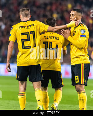 Brussels Belgium March 21 2019 Belgium National Football Team Players Timothy Castagne Dries Mertens And Youri Thielemans Celebrating A Goal Sco Stock Photo Alamy