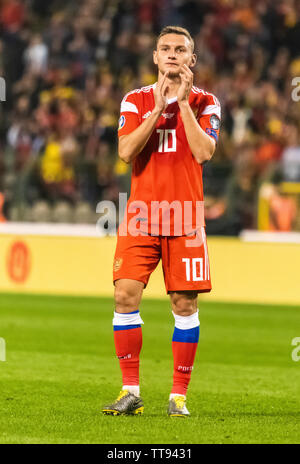 Brussels, Belgium - March 21, 2019. Russia national team striker Fedor Chalov during UEFA Euro 2020 qualification match Belgium vs Russia in Brussels. Stock Photo
