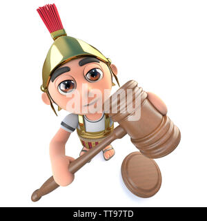 3d render of a funny cartoon Roman soldier character holding an auction with a gavel Stock Photo