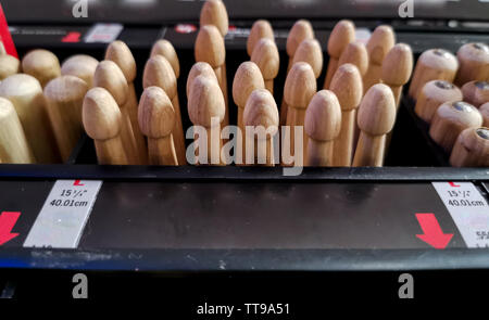 drum sticks tips front view on the shelf of a music store Stock Photo