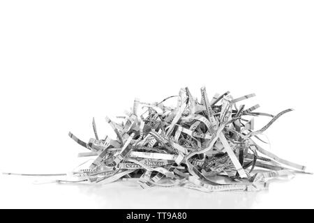 Destroyed money from shredder isolated on white Stock Photo