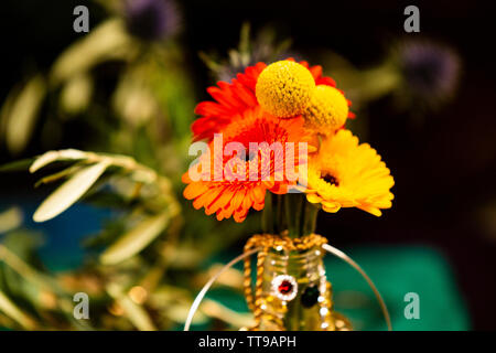 Close-up of Colorful Flowers Decorated with Jewellery Stock Photo