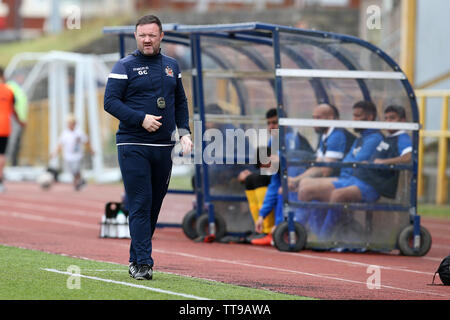 Barry, UK. 15th June, 2019. Gavin Chesterfield, the manager of Barry Town Utd .Barry Town United v Panjab FA, football friendly match at Jenner Park in Barry, South Wales on Saturday 15th June 2019. Barry Town are using the match as preparation for their forthcoming European matches. pic by Andrew Orchard/Andrew Orchard sports photography/Alamy Live news Credit: Andrew Orchard sports photography/Alamy Live News Stock Photo