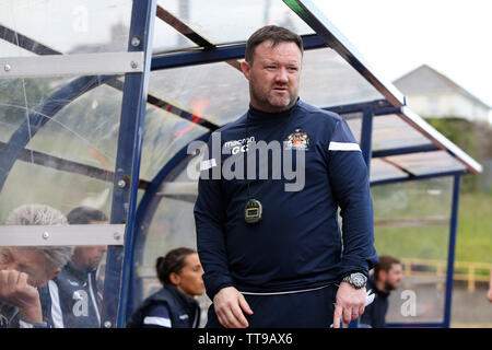 Barry, UK. 15th June, 2019. Gavin Chesterfield, the manager of Barry Town Utd .Barry Town United v Panjab FA, football friendly match at Jenner Park in Barry, South Wales on Saturday 15th June 2019. Barry Town are using the match as preparation for their forthcoming European matches. pic by Andrew Orchard/Andrew Orchard sports photography/Alamy Live news Credit: Andrew Orchard sports photography/Alamy Live News Stock Photo