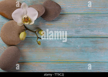 Spa stones and orchid flower on wooden background Stock Photo