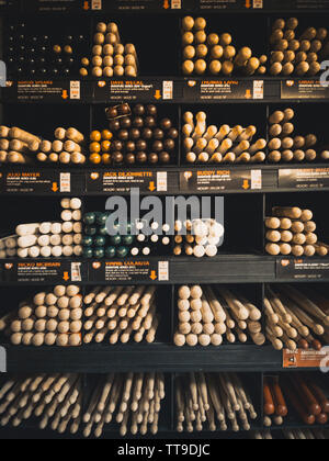 drum sticks tips front view on the shelf of a music store Stock Photo