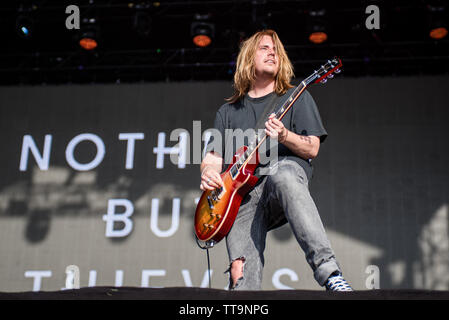 Joe Langridge Brown, guitarist of the British alternative rock band Nothing But Thieves performing live on stage at the Firenze Rocks festival 2019 in Stock Photo