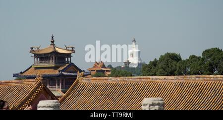 Rooftops in the Forbidden City, Beijing, China. Trees and white monument in distance; traditional orange roofs and dragon statues in foreground Stock Photo