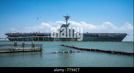 USS Lexington wide angle view on a sunny summer day in Corpus Christi Texas. Stock Photo