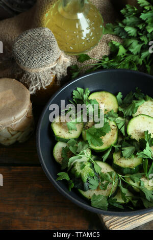 Sliced zucchini in pan on table, closeup Stock Photo