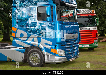 New decorated DAF & Scania truck tractor units, custom, rare lifestyle, modified, personalization, unusual personalised motors, modding, bespoke lorry on show at Leyland Festival, UK Stock Photo