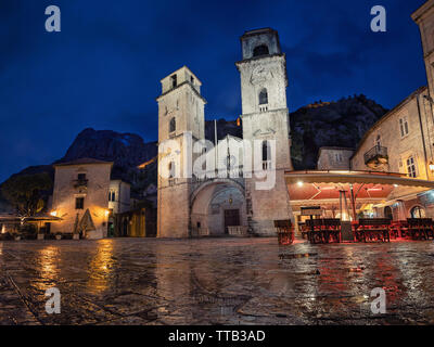 Cathedral of Saint Tryphon at dusk in Old Town of Kotor, Montenegro Stock Photo