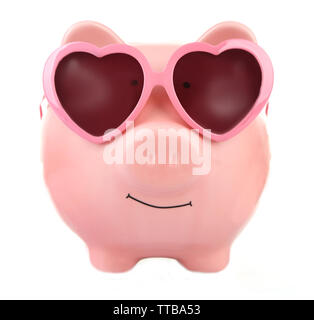 Pink piggy bank in sunglasses with lifebuoy isolated on white Stock ...