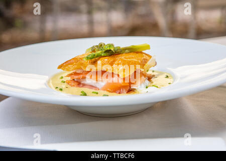 Smoked salmon and poached egg Stock Photo