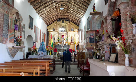 Interior of the church of the altiplanico village of San Cristobal, Bolivia Stock Photo