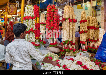 flower stall on Devaraja fruit and vegetable market, Mysore,  Karnataka, India Stock Photo