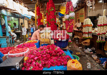 flower stall on Devaraja fruit and vegetable market, Mysore,  Karnataka, India Stock Photo