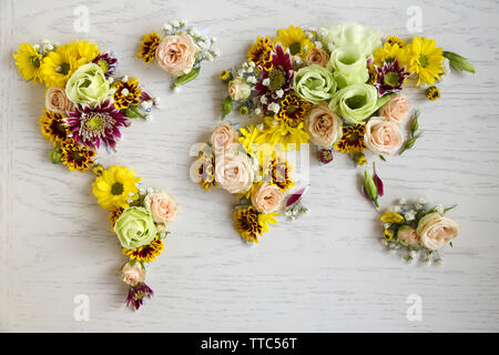 Map of world made from different kinds of flowers, close-up Stock Photo