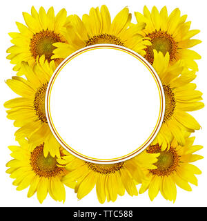 Yellow sunflowers in round frame with white circle for text isolated on ...