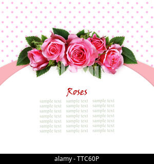 Pink rose flowers arc arrangement on white and spotted background Stock Photo