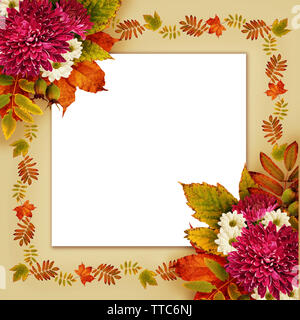 Autumn frame with dry leaves and aster flowers bouquets on beige background Stock Photo