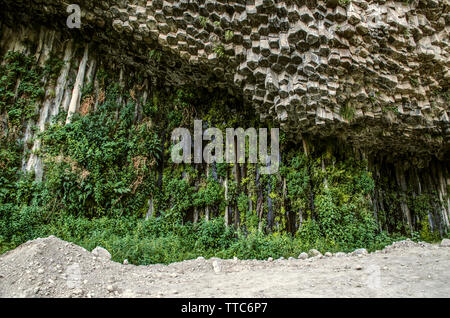Basalt columns covered with green vegetation due to water seeping from the depth of the rock into the gorge Garni ln Armenia Stock Photo