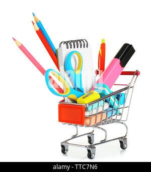 Bright stationery objects in mini supermarket cart isolated on white background Stock Photo