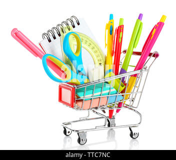 Bright stationery objects in mini supermarket cart isolated on white background Stock Photo