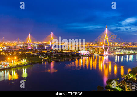 Bhumibol Bridge is one of the most beautiful bridges in Thailand and area view for Bangkok.The name of this bridge comes from the name of The king of Stock Photo