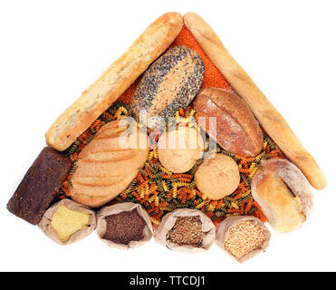 Different types of bread, pasta and cereal, in the form of triangle, isolated Stock Photo