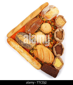 Different types of bread, pasta and cereal, in the form of triangle, isolated Stock Photo
