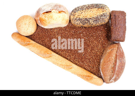 Different types of bread and cereal, isolated on white Stock Photo