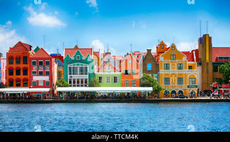 January 25, 2019, Willemstad, Curacao Tourist walking on Floating pontoon bridge in downtown Stock Photo