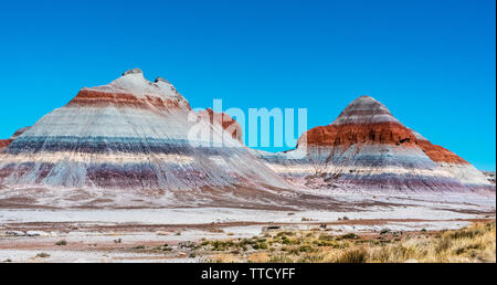 Blue Mesa peaks on a cloudless spring day in the Petrified Forest National Park located in Navajo and Apache counties in Northeastern Arizona. Stock Photo