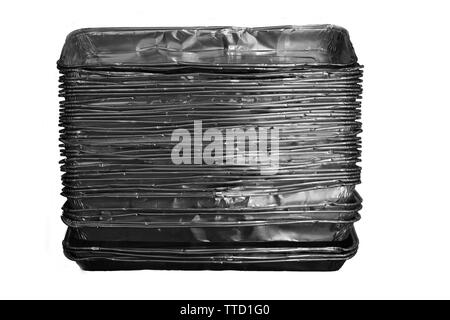 old used aluminum containers on white background Stock Photo