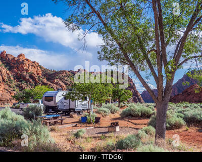 Trailer in campground, Snow Canyon State Park, Saint George, Utah. Stock Photo