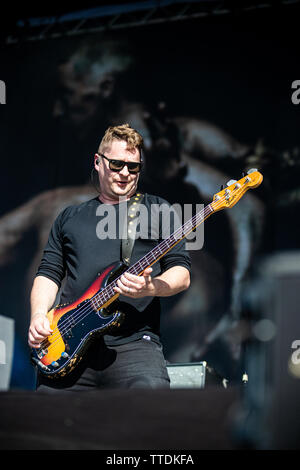 Florence Italy 16 June 2019 Editors live at Firenze Rocks - Ippodromo del Visarno - bass player Russell Leetch performing © Andrea Ripamonti / Alamy Stock Photo