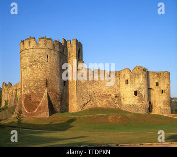 Chepstow Castle, showing Marten's Tower and gatehouse, Chepstow, Monmouthshire, Wales, United Kingdom Stock Photo