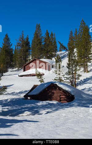 Wood cabins at The Tioga Pass resort in the Sierra Nevada mountains on highway 120 (Tioga Pass) California  2019 after a winter of record snow. Stock Photo