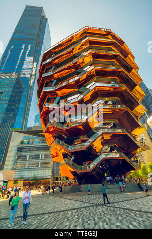 New York City/USA - May 27, 2019 Vessel(TKA). Flights of Stairs,  Painted Steel Frames, New Landmark in Hudson Yards, NYC Stock Photo