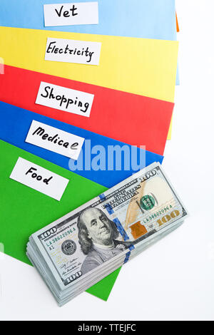 Colourful envelopes with money for needs isolated on white background Stock Photo