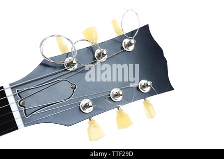 Head stock of electric guitar with tuning pegs, isolated on white Stock Photo