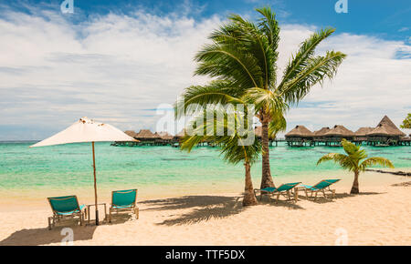 Beautiful French Polynesian beach with chairs and umbrella. Relaxation and vacation concept. Stock Photo