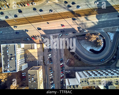 WARSAW, POLAND - FEBRUARY 23, 2019: Beautiful panoramic aerial drone view to the center of Warsaw City, to the central streets of the Polish Capital, Stock Photo