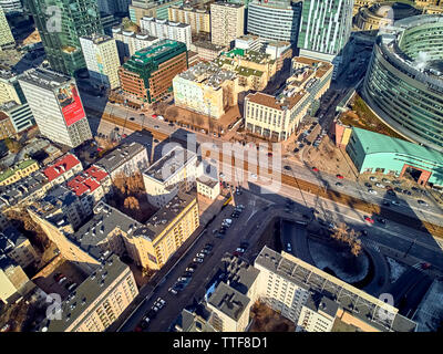 WARSAW, POLAND - FEBRUARY 23, 2019: Beautiful panoramic aerial drone view to the center of Warsaw City, to the central streets of the Polish Capital, Stock Photo