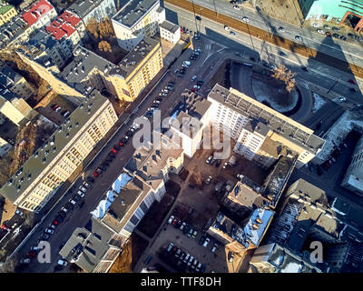 WARSAW, POLAND - FEBRUARY 23, 2019: Beautiful panoramic aerial drone view to the center of Warsaw City, to the central streets of the Polish Capital, Stock Photo