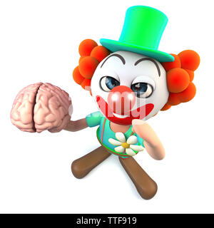 3d render of a funny cartoon crazy clown character holding a human brain Stock Photo